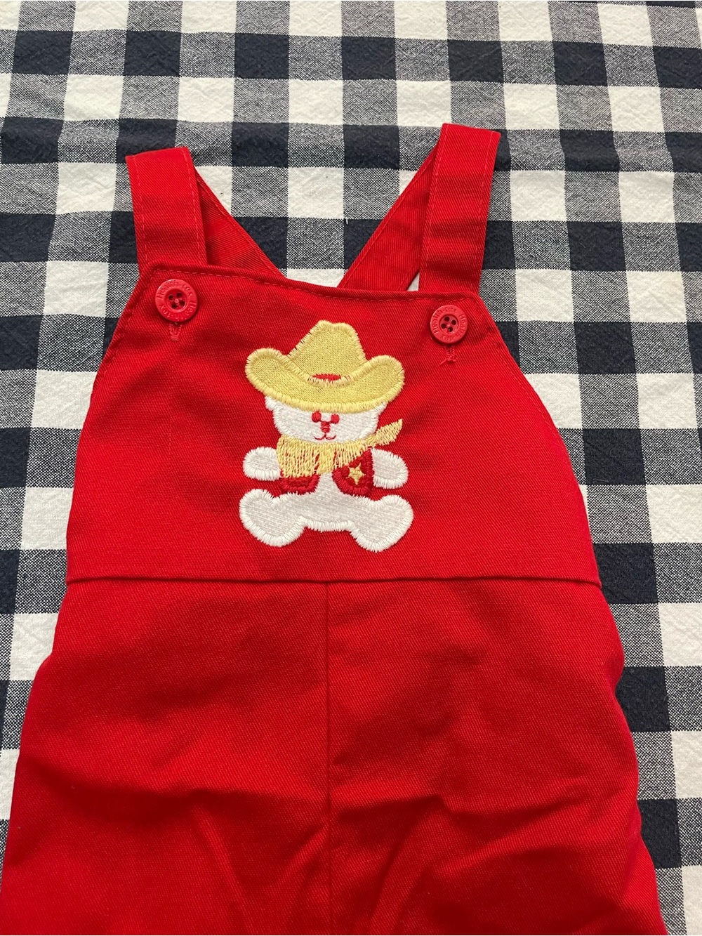 Vintage Red Overalls with Teddy Cowboy Appliqué Healthtex 6 month